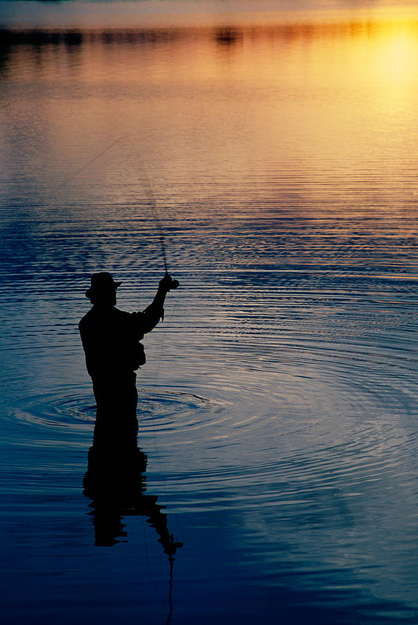 Nature Photograph - Rear View Of Fly-fisherman Silhouetted by Panoramic Images