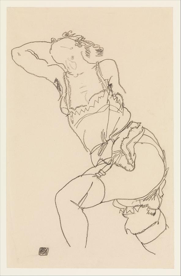 Egon Schiele Drawing - Reclining Model In Chemise And Stockings by Egon Schiele