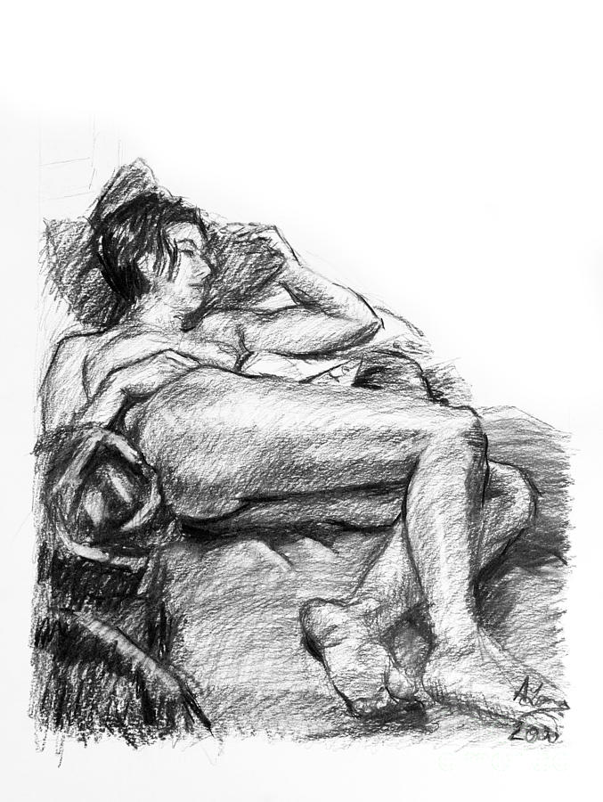 Reclining nude female charcoal drawing Drawing by Adam Long