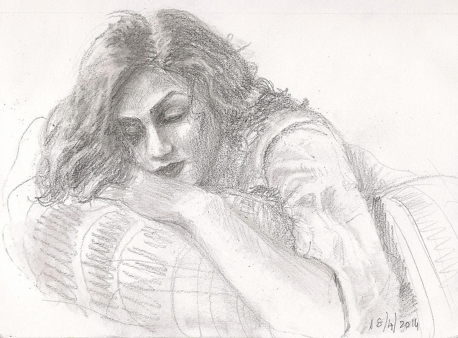 Reclining woman Drawing by Asha Sudhaker Shenoy