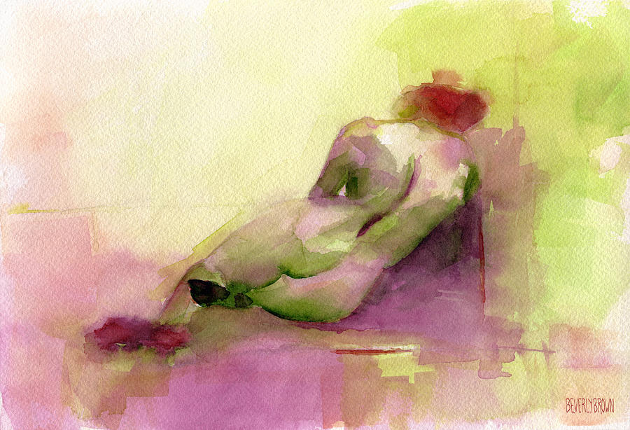 Woman Painting - Reclining Woman Magenta Green and Orange Watercolor Painting by Beverly Brown Prints
