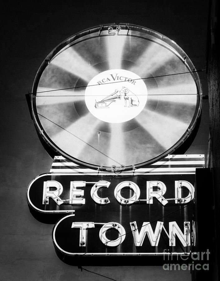 Black And White Photograph - Record Town Vintage Sign by Sonja Quintero