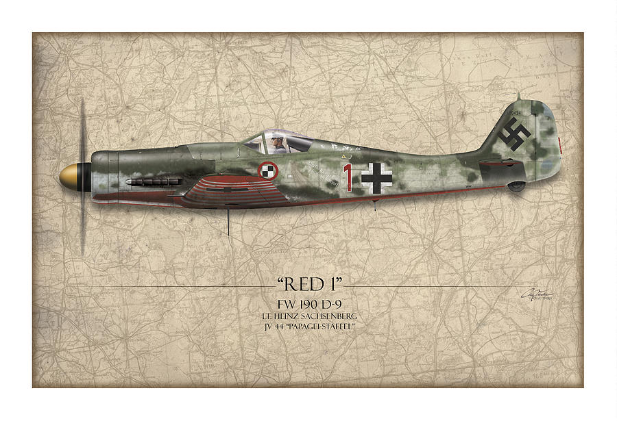 Airplane Painting - Red 1 Focke-Wulf FW-190D - Map Background by Craig Tinder