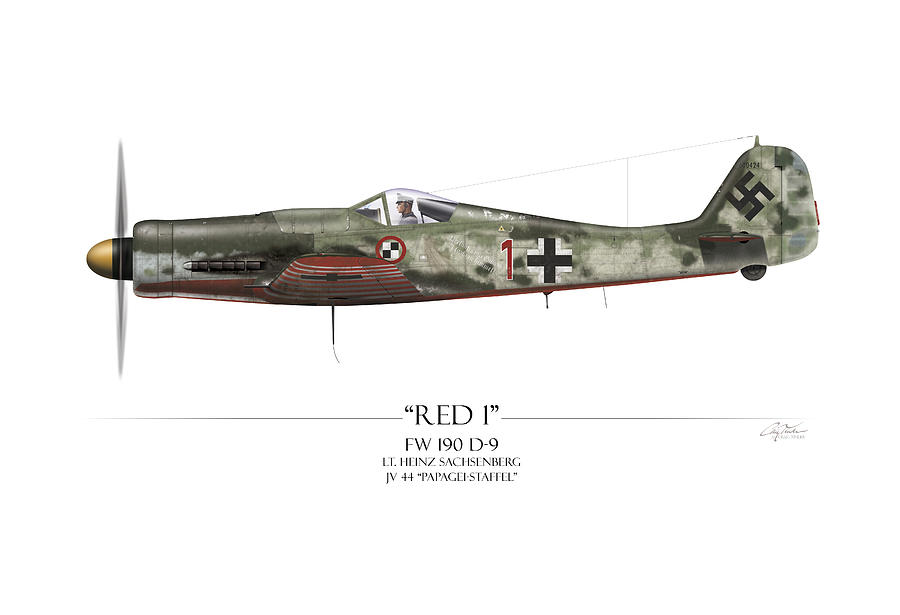Red 1 Focke-Wulf FW-190D - White Background Painting by Craig Tinder