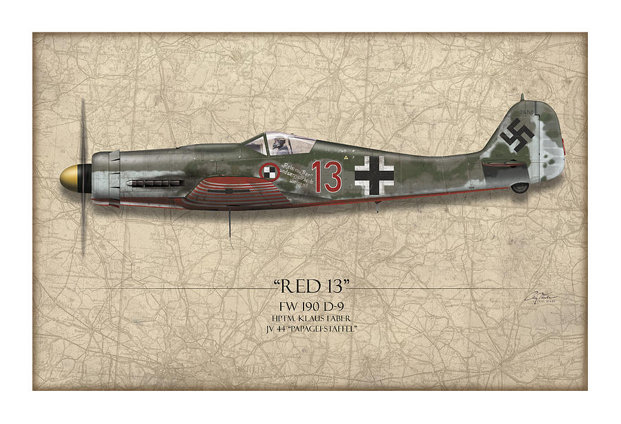 Red 13 Focke-Wulf FW 190D - Map Background Painting by Craig Tinder