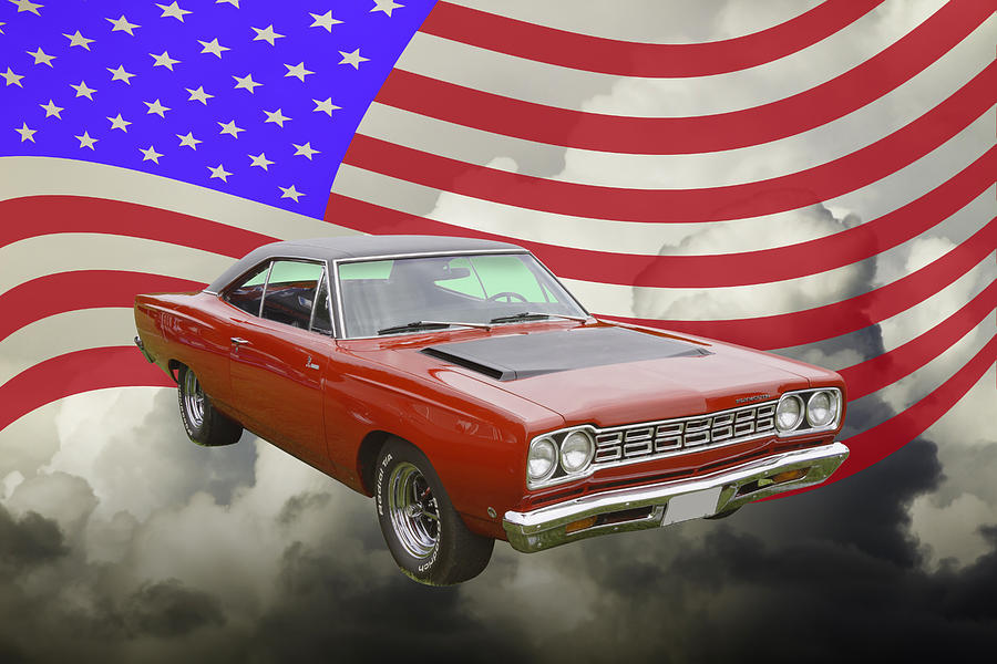 Vintage Photograph - Red 1968 Plymouth Roadrunner Muscle Car and US Flag by Keith Webber Jr