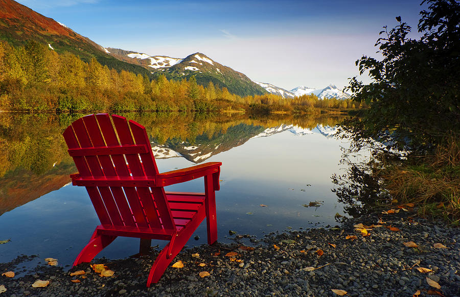 Red Adirondak Chair Along Lakeshore Photograph by Randy Brandon