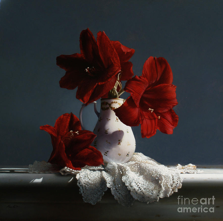 Flower Painting - Red Amaryllis Flowers  by Lawrence Preston