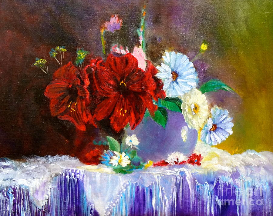 Red Amaryllis Painting by Jenny Lee