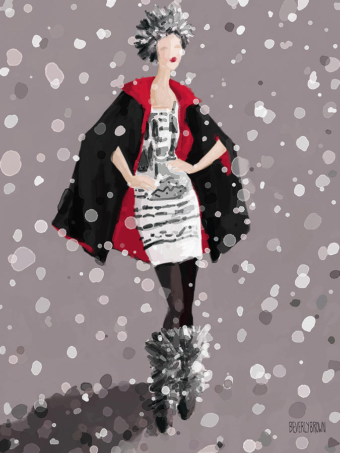 Red and Black Cape in the Snow Fashion Illustration Art Print Painting by Beverly Brown