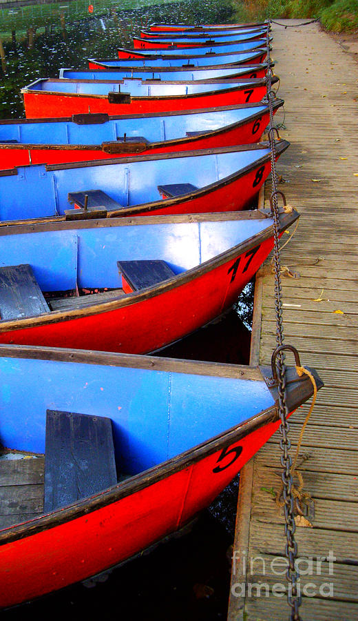 Pier Photograph - Red and Blue Boats by Malcolm Suttle