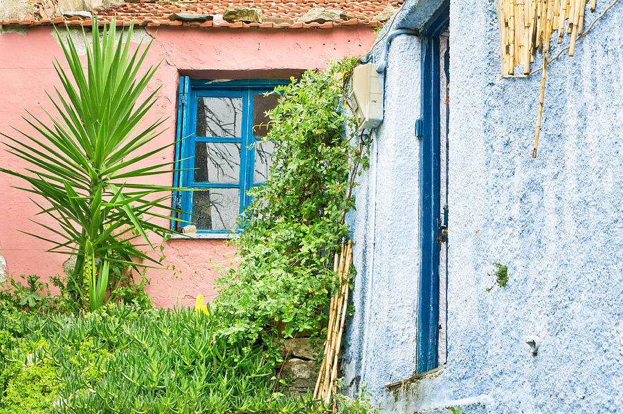 Greek Photograph - Red and blue houses by Tom Gowanlock