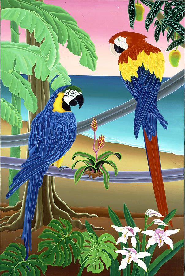 Jungle Painting - Red and Blue Macaws by Raul Del Rio