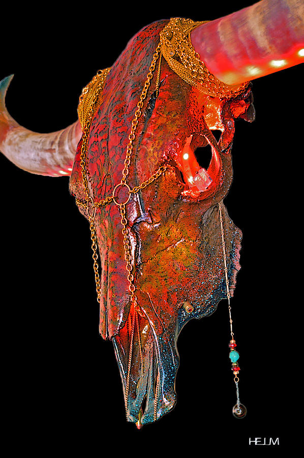 Red and Gold Illuminating Longhorn Skull Mixed Media by Mayhem Mediums