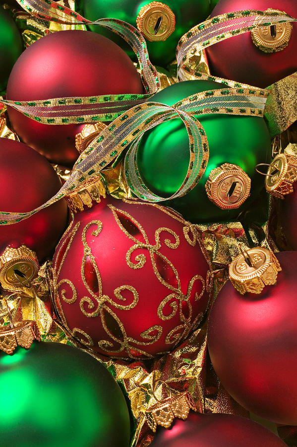 Red and green Christmas ornaments Photograph by Garry Gay