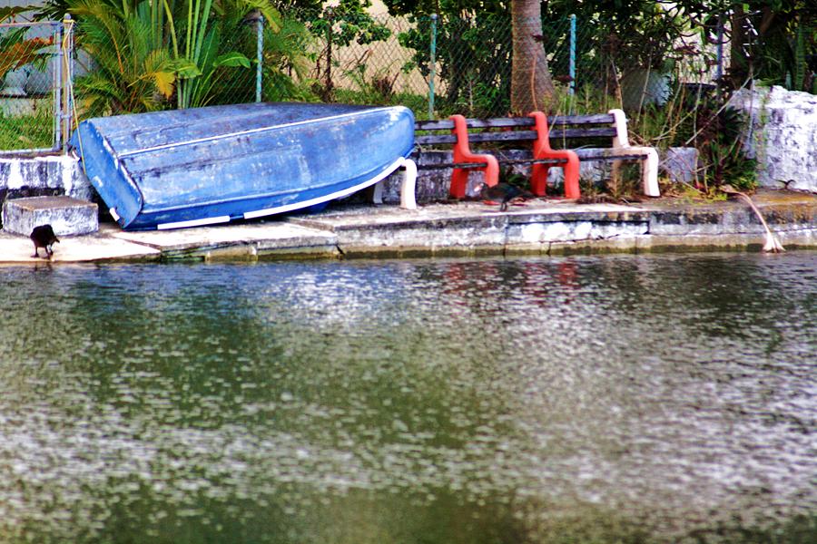 Red And White Bench Blue Boat Photograph