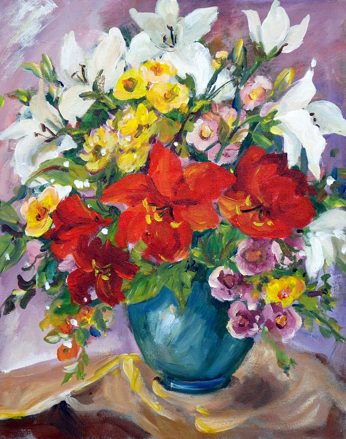 Red and White Lilies Painting by Ingrid Dohm