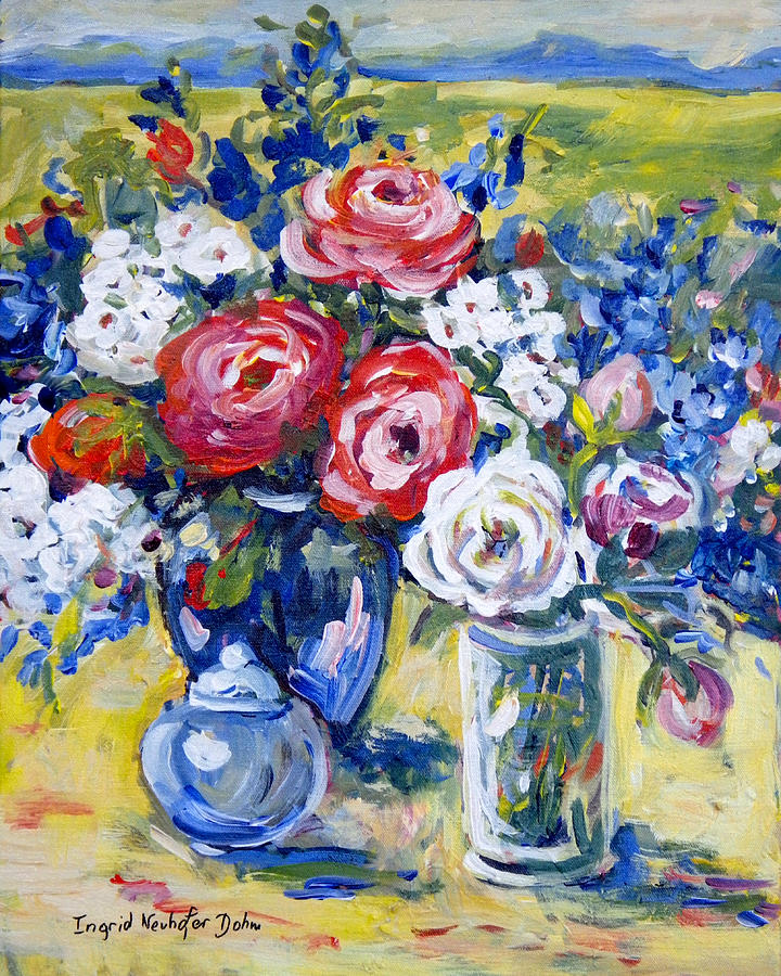 Red and Whte Roses Still Life Painting by Ingrid Dohm