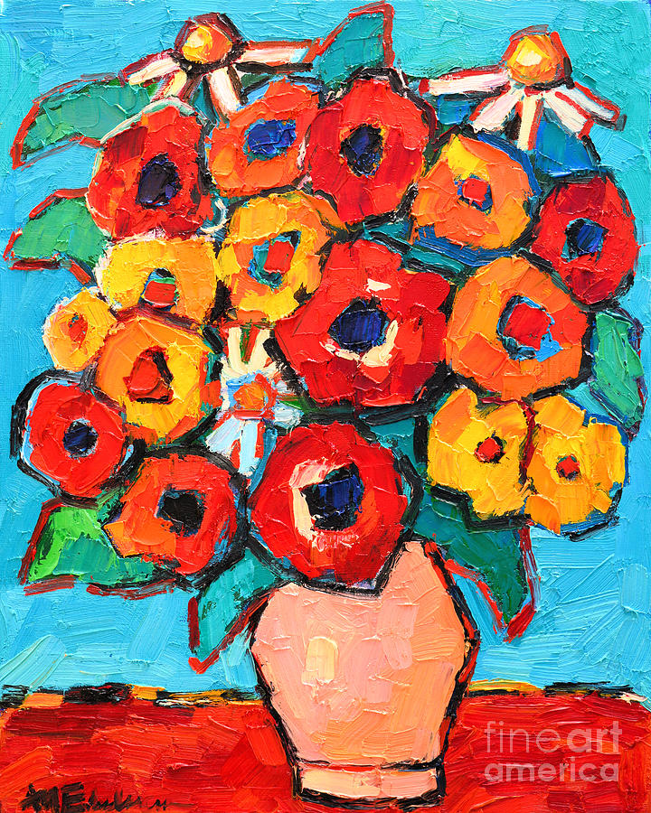 Red And Yellow Poppies And Some Daisies Painting by Ana Maria Edulescu