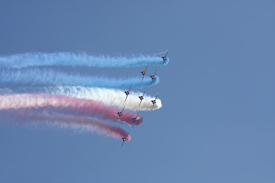 Red Arrows formation flying Photograph by Steve Ball