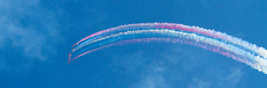 Panorama Photograph - Red Arrows Jets With White Smoke And Blue Sky Panorama by Charlesy Panorama Photograph - Red Arrows Jets With White Smoke And Blue Sky Panorama by Charlesy