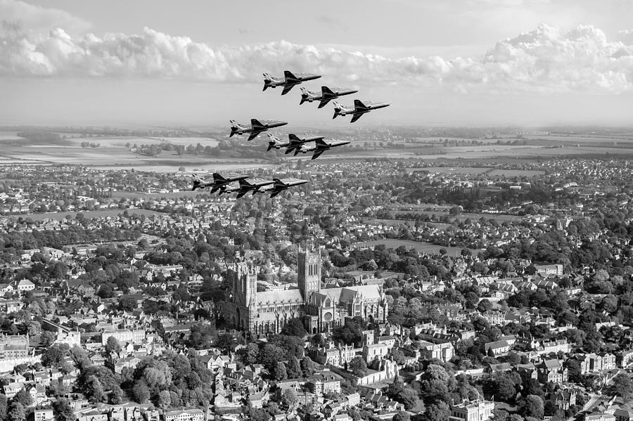Red Arrows over Lincoln black and white version Digital Art by Gary Eason