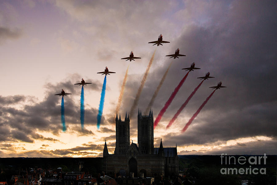 Red Arrows over Lincoln Cathedral Digital Art by Airpower Art