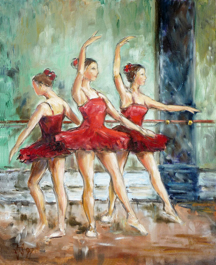 Red ballerinas Painting by Irek Szelag