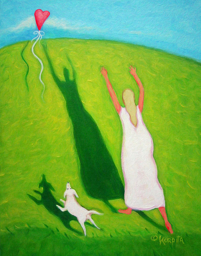 Red Balloon Woman Love White Dog - Letting Go Painting by Rebecca Korpita