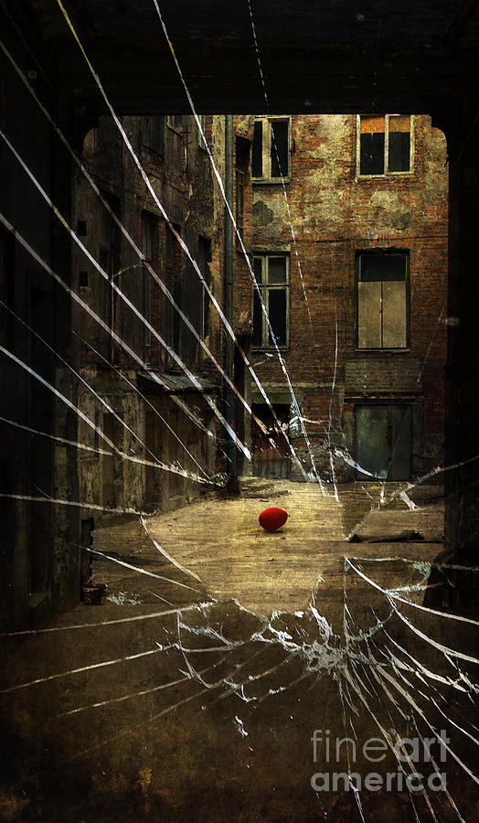 An old courtyard and red baloon on the floor seeing through broken window glass Photograph by Jaroslaw Blaminsky