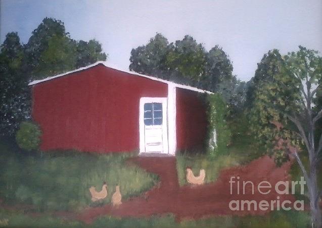 Chicken Painting - Red Barn and Chickens by Jeanene Miller
