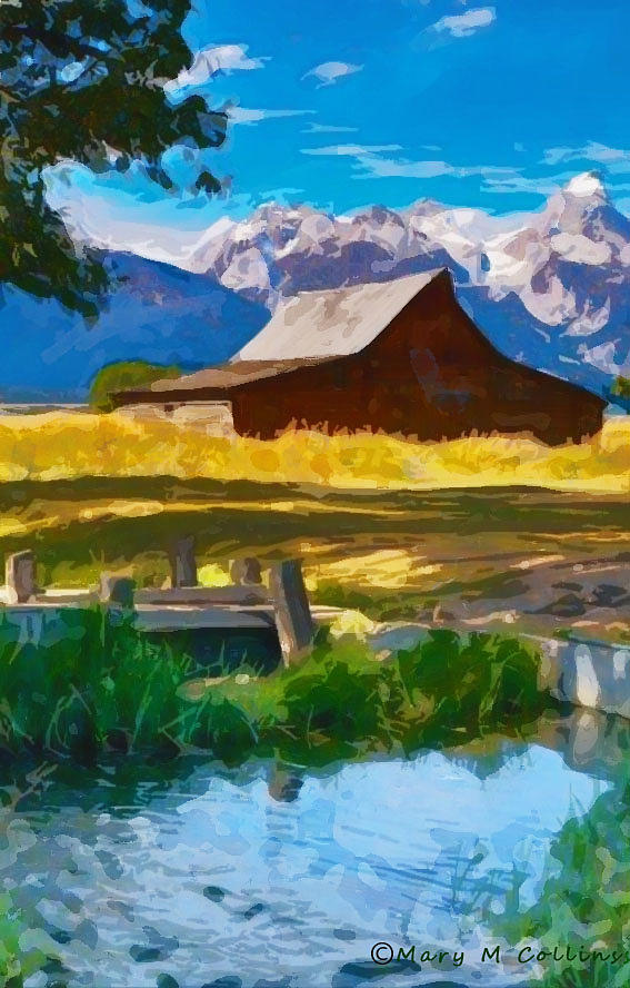 Red Barn and Mountains  Digital Art by Mary M Collins