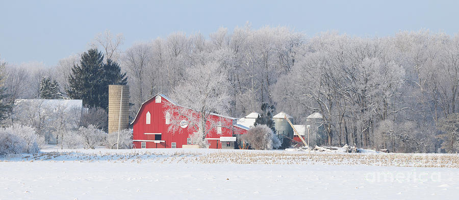 Red Barn Frosty Morning Panorama1 Photograph by Jack Schultz