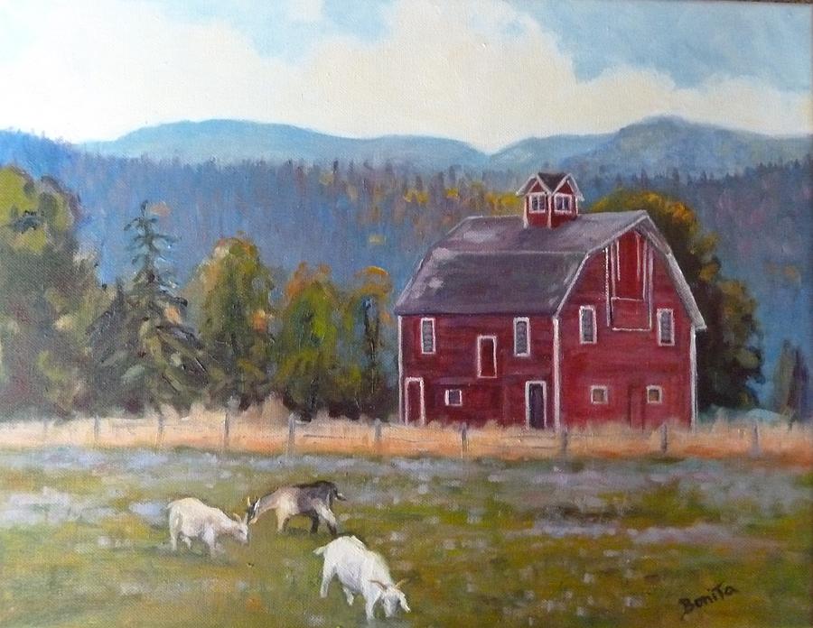 Red Barn in Montana Painting by Bonita Waitl