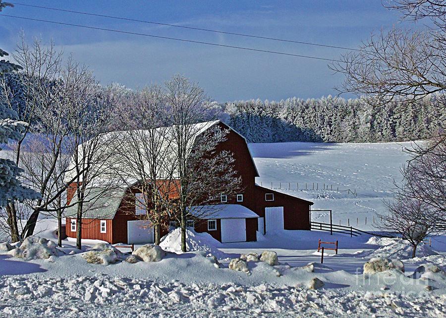 Winter Photograph - Red Barn In Snow by Christian Mattison