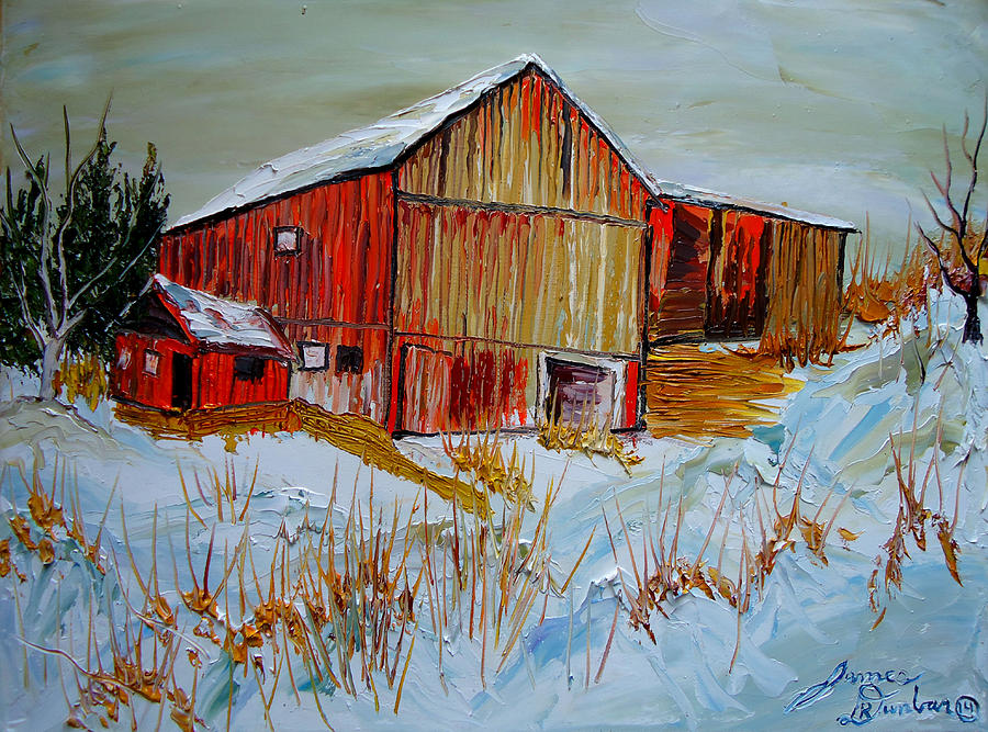 Red Barn In The Snow Painting by James Dunbar