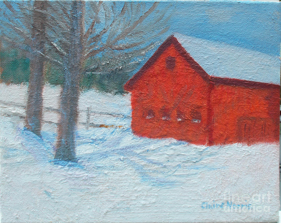 Tree Painting - Red Barn in Winter by Claire Norris
