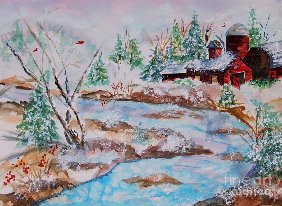 Winter Painting - Red Barn in Winter by Ellen Levinson