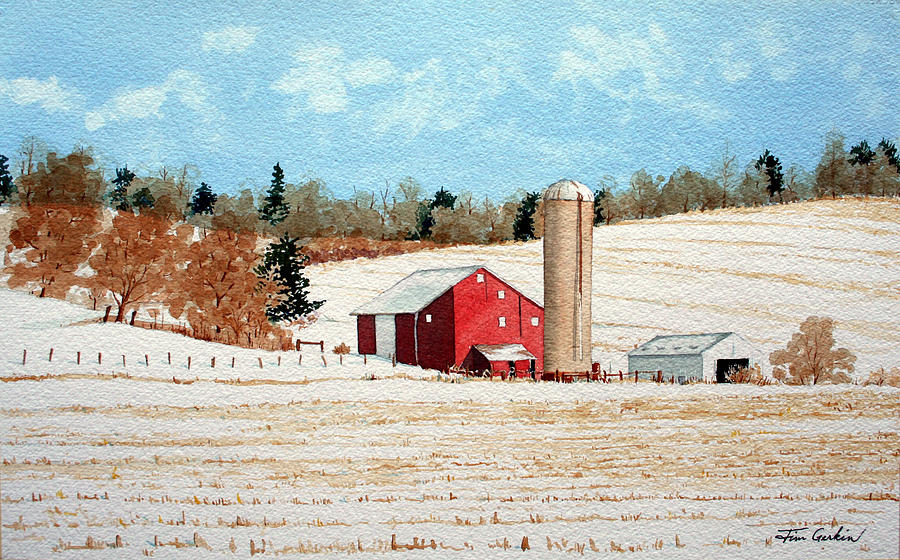 Red Barn in Winter Painting by Jim Gerkin