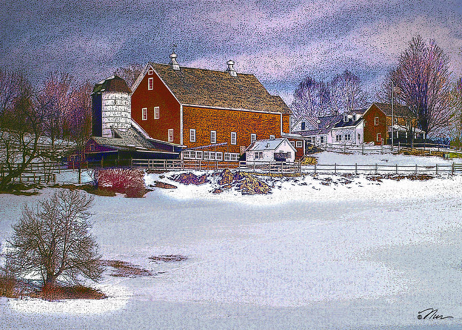 Red Barn in Winter Digital Art by Nancy Griswold