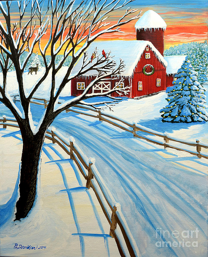 Red Barn In Winter Painting by Pat Davidson