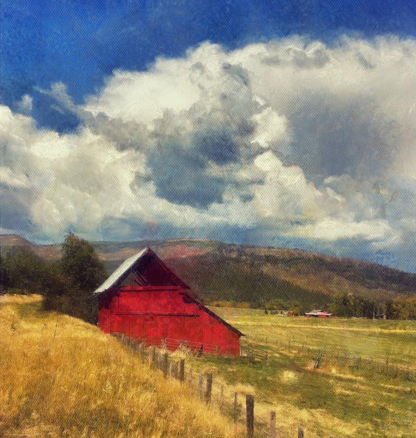 Red Barn Under Cloudy Blue Sky in Colorado Photograph by Victoria Porter
