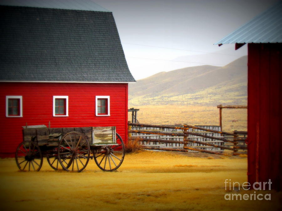 Vintage Photograph - Red Barn w/ Wagon by Krista Carofano