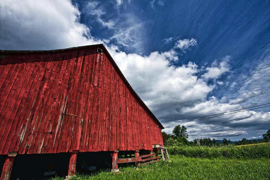 Tree Photograph - Red Barn White Clouds Blue Sky by Steve Raley