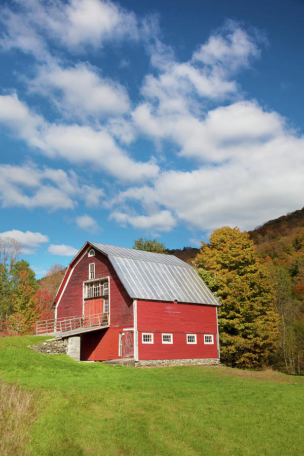 Red Barn With Blue Sky Along Route 100 Photograph by Jenna Szerlag