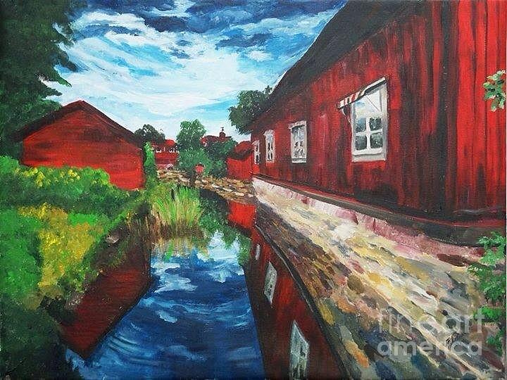 Red Barns Reflected Painting by Frankie Picasso