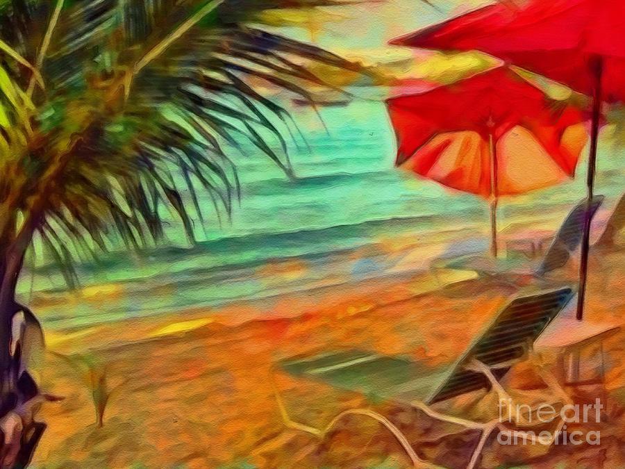 H Red Beach Umbrellas - Horizontal Painting by Lyn Voytershark