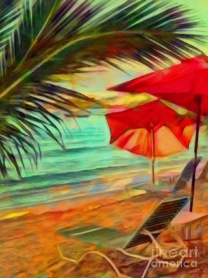 V Red Beach Umbrellas - Vertical Painting by Lyn Voytershark