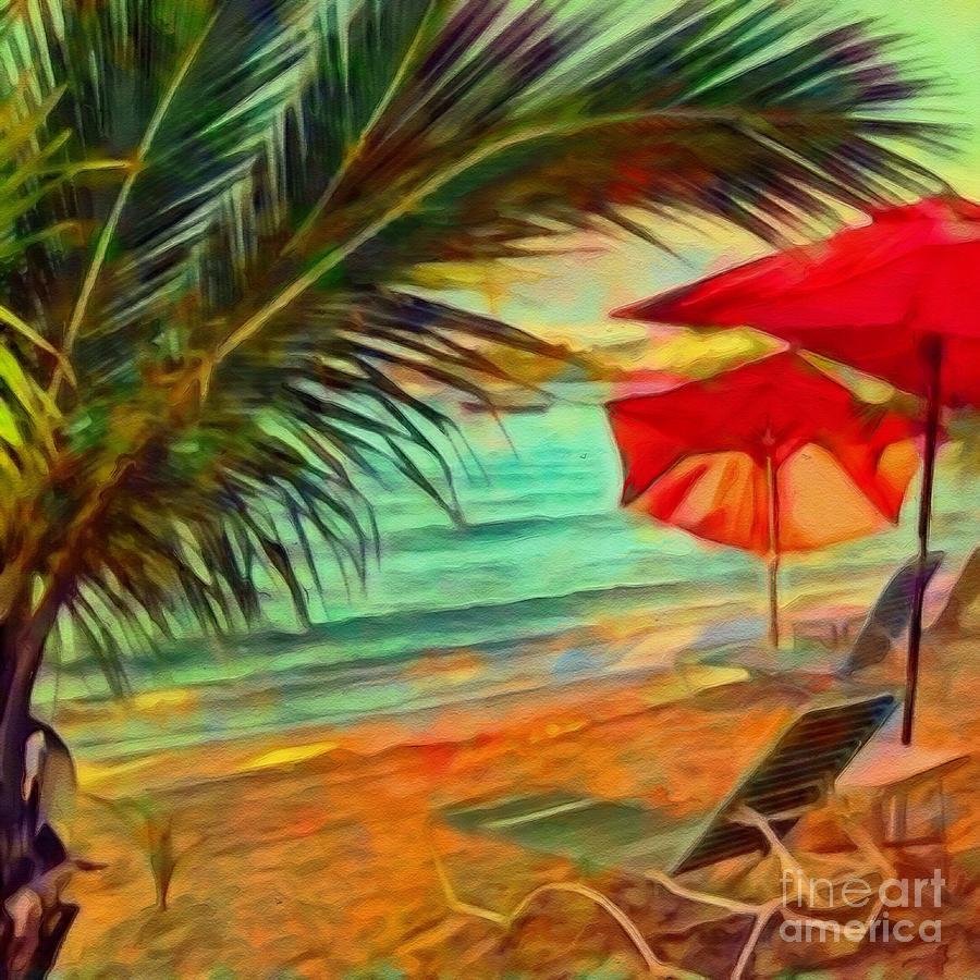 S Red  Beach Umbrellas Square Digital Art by Lyn Voytershark