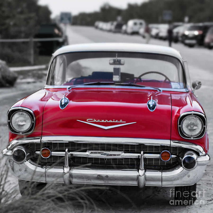 Red 57 Chevy Belair at the beach Square Photograph by Edward Fielding